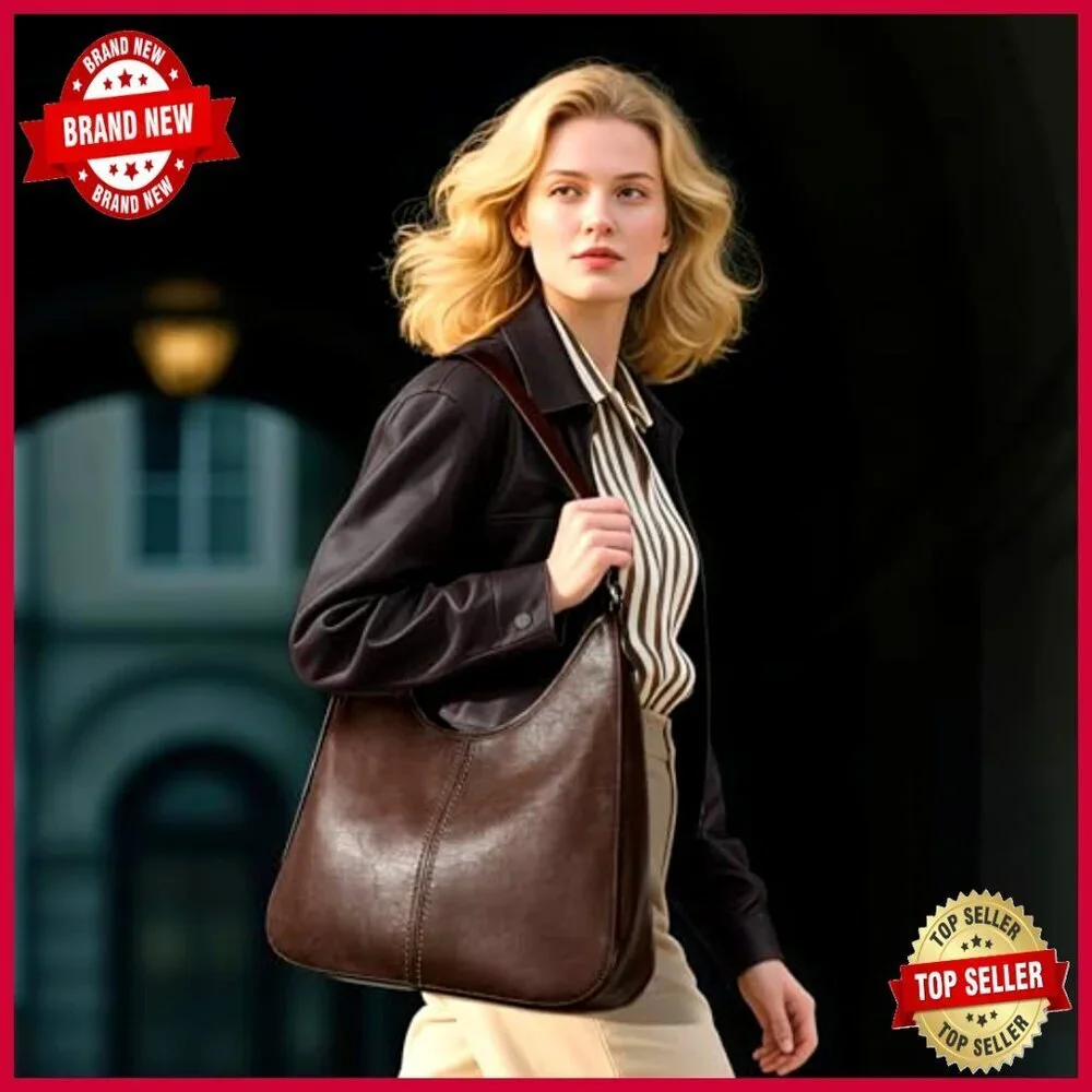 Genuine Leather Hobo Shoulder Bag with Adjustable Strap, 5.1L Capacity